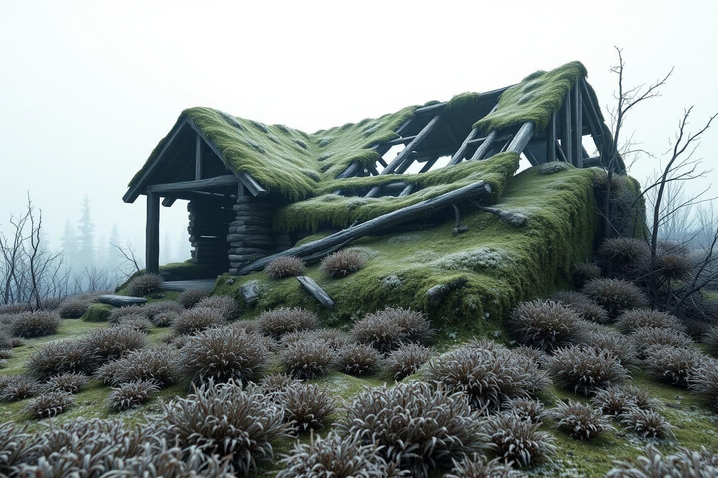 AI generated: A highly stylized 3D render of a remote, overgrown structure half-sunken into northern wilderness, its collapsed roof barely visible under moss and frost, with no characters presen
