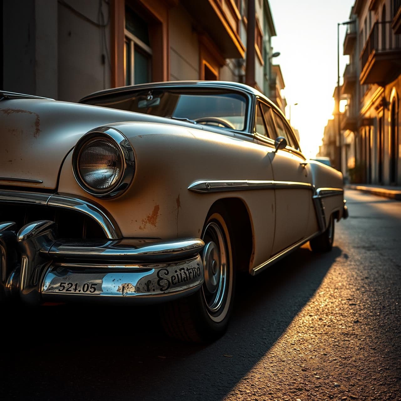 AI generated: “A beautifully aged vintage car parked on a quiet old street, faded paint, light rust texture, chrome details shining softly, nostalgic 1950s vibe, warm golden-hour sunlight, cinem