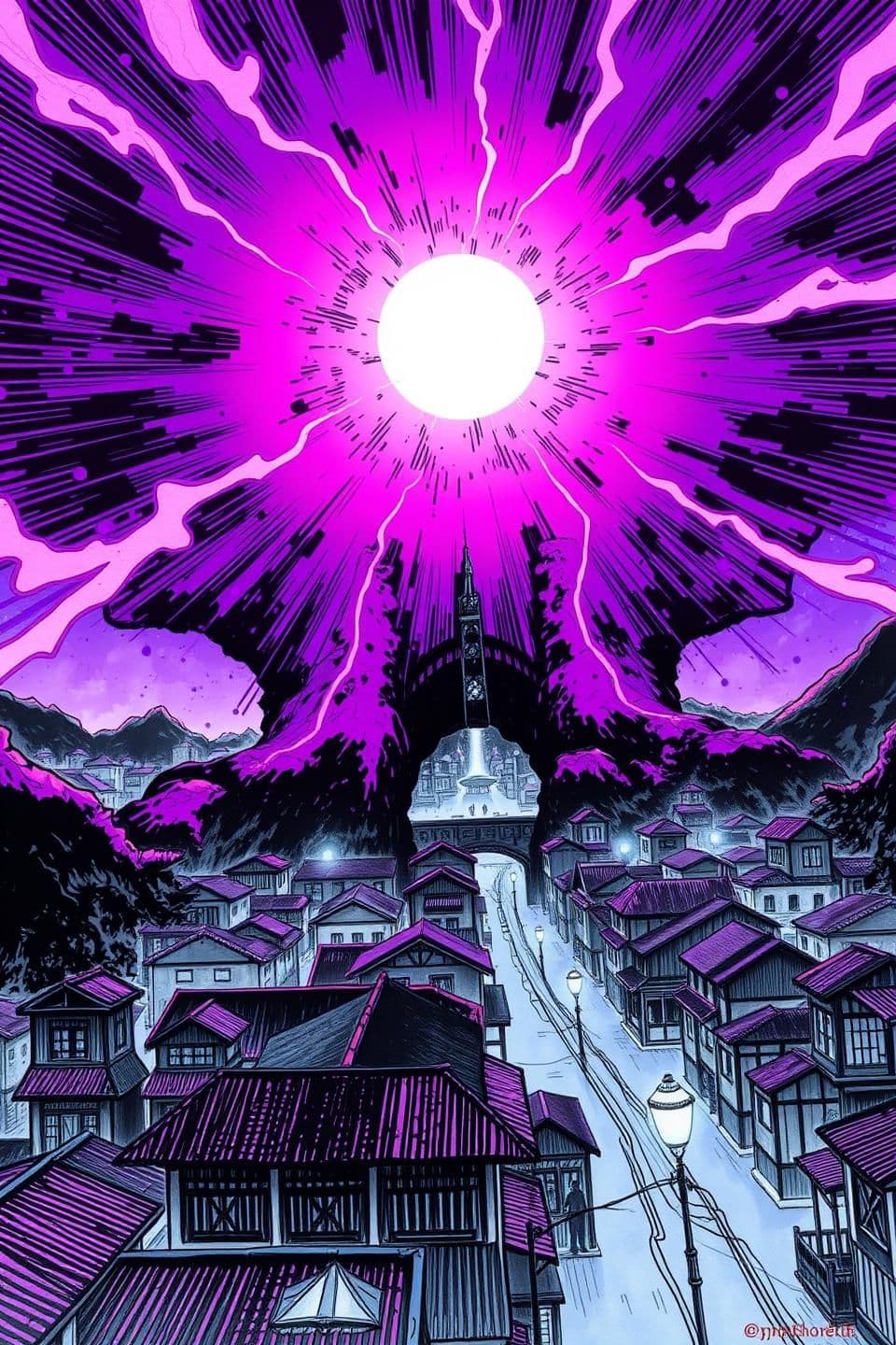 AI generated: P1.1 (Wide, Perspective Shot) 1. Focal Point: Ek vishaal, purple-black energy portal aakash mein. Iske edges jagged aur unstable hain (rough, textured pen strokes). 2. Lighting: Po