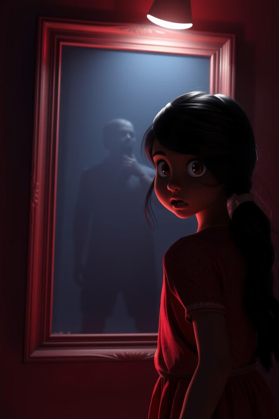 AI generated: A young Indian girl standing in front of a mirror in dim torchlight, her reflection showing a dark shadow figure standing behind her, eerie glow from mirror, horror cinematic light