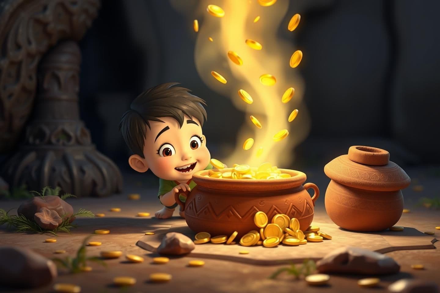 AI generated: IMPORTANT: Generate with all text in Hindi script only. Bright and attractive YouTube thumbnail. A 3D cartoon style (like Pixar). The scene features a small, happy, and curious boy