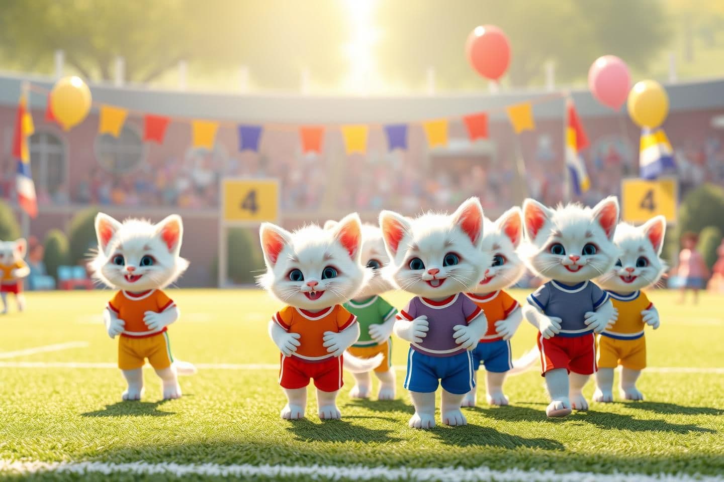 AI generated: Ultra realistic Pixar-style, a cheerful school sports ground filled with tiny white-fur kitten kids wearing colorful sports uniforms, age 4, balloons, flags, playful environment, s