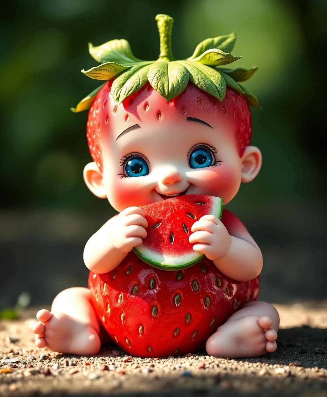 AI generated: A cute strawberry baby boy sitting like a human, but his body is shaped like a strawberry. The strawberry has a bright red color with tiny seeds and a green leafy top like hair. Th