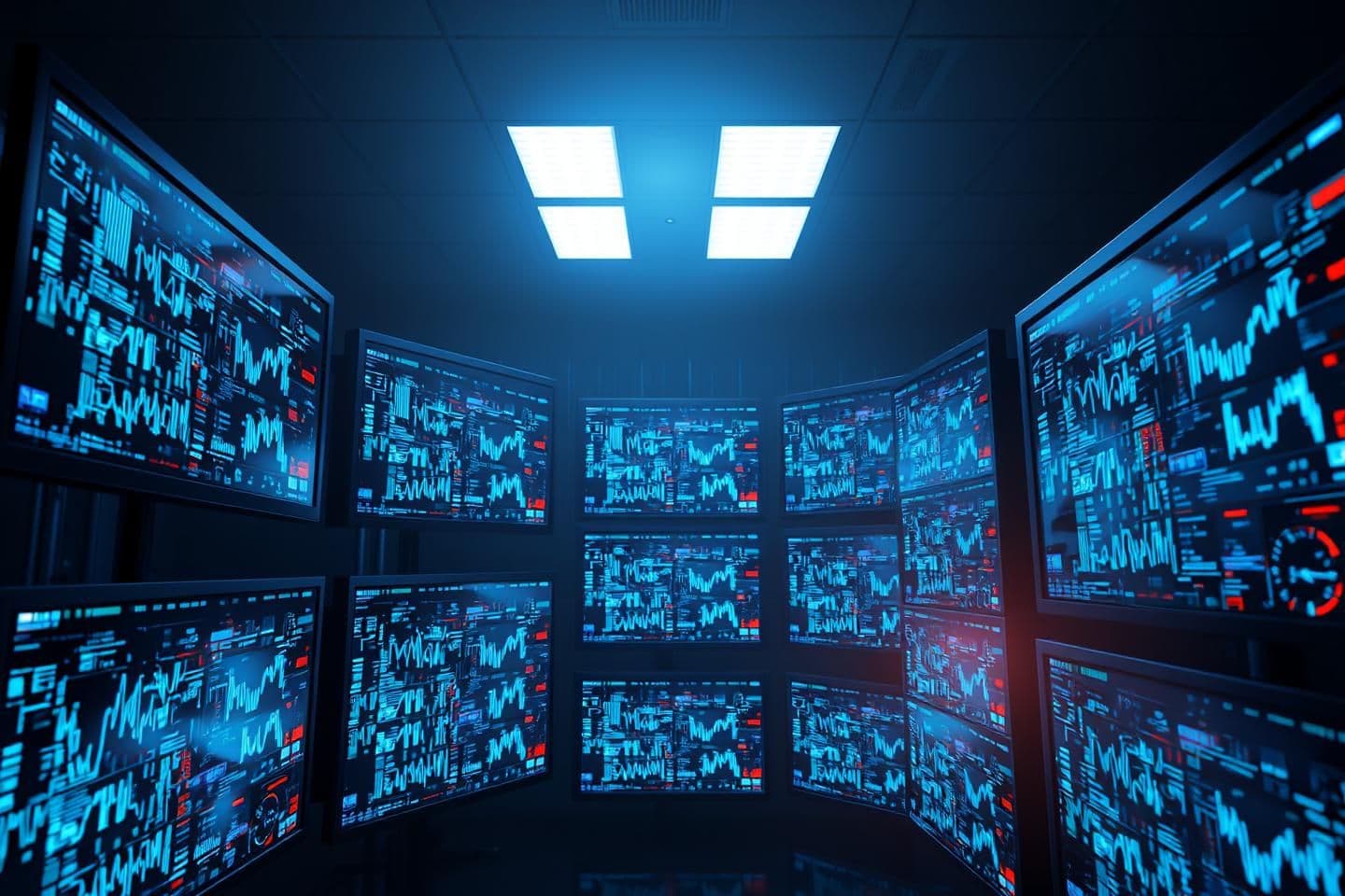 AI generated: A highly stylized 3D render showing rows of digital screens displaying cascading medical data streams that suddenly flicker and fade, lit by pulsing blue monitor light in a dark ro