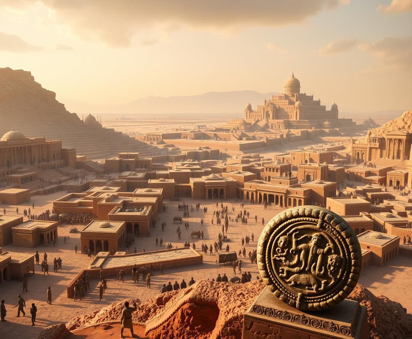 AI generated: A highly detailed, cinematic, epic visual of the ancient Indus Valley Civilization. The scene should feature a bustling, well-planned Bronze Age city like Mohenjo-daro or Harappa,