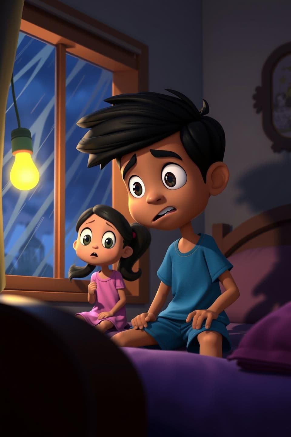 AI generated: 3D animated cartoon scene, night setting inside a kid’s room, window shaking from storm wind, flickering yellow light bulb, shadows moving on walls.
Characters:
Aarav (10 yrs): me