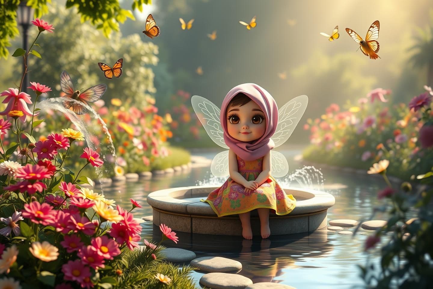 AI generated: "A 5-year-old fairy sitting by a fountain in the middle of a flower garden, wearing a colorful dress and hijab, and her eyes looking directly at the viewer as if she were speaking.