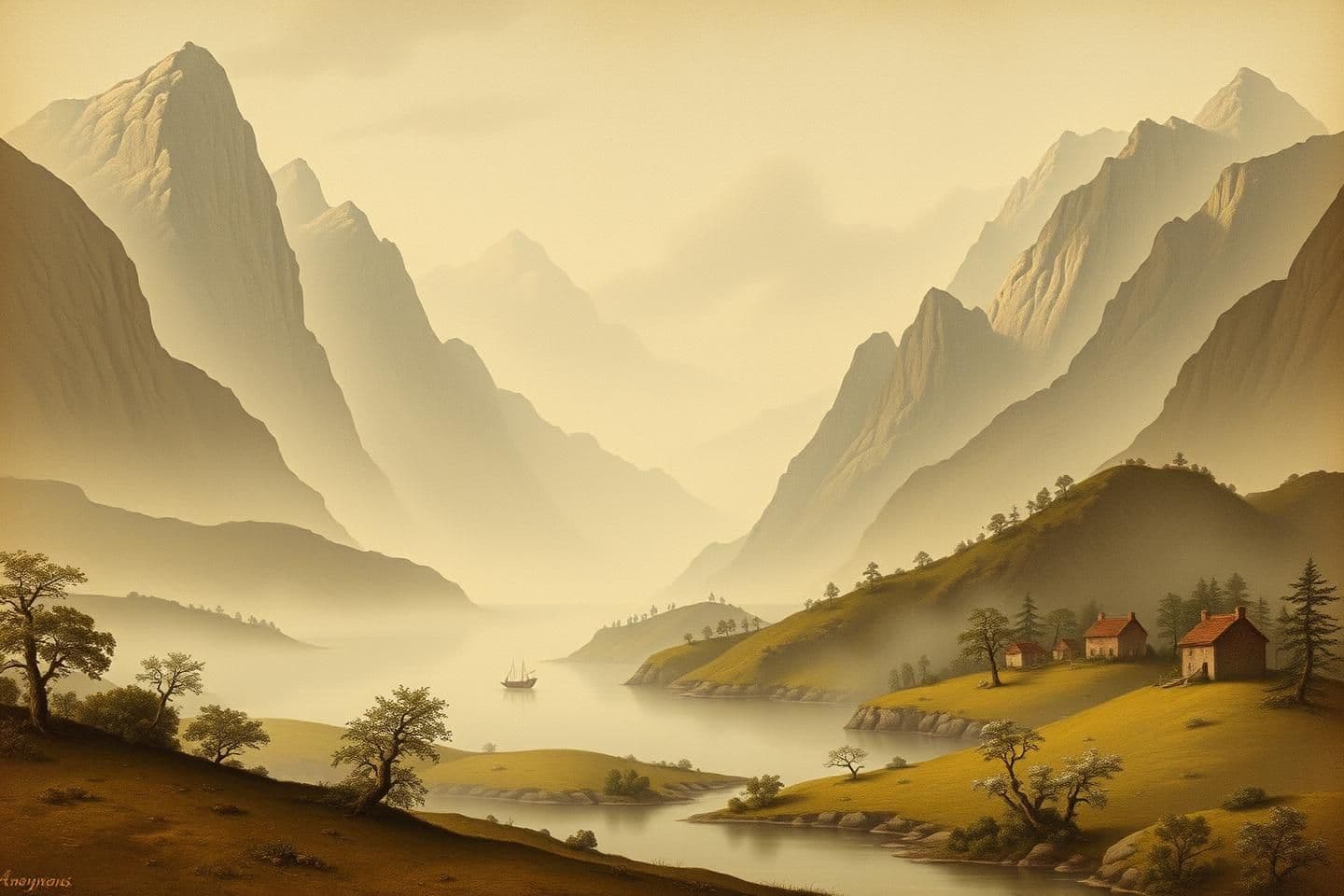 AI generated: Prompt: "12th–14th century antique vertical (9:16) landscape: tall mountains, misty valleys, river, small boat, old houses, natural tones, aged painting texture. Include: quote ove