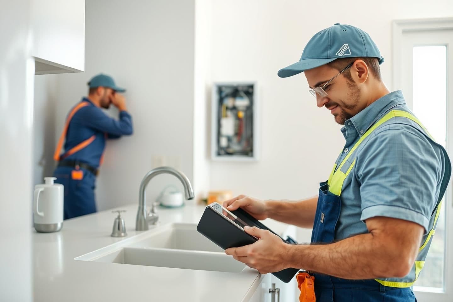 AI generated: A highly professional home-maintenance technician working inside a modern house, wearing clean uniform and safety tools. The technician is fixing a kitchen sink while another techn