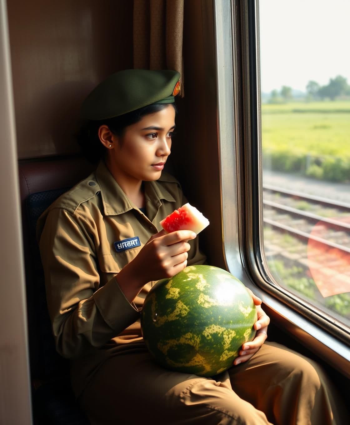 AI generated: A young Indian Army woman soldier in olive-green Indian Army uniform, sitting near the window inside an Indian train compartment, holding a big watermelon in her lap, cutting it an