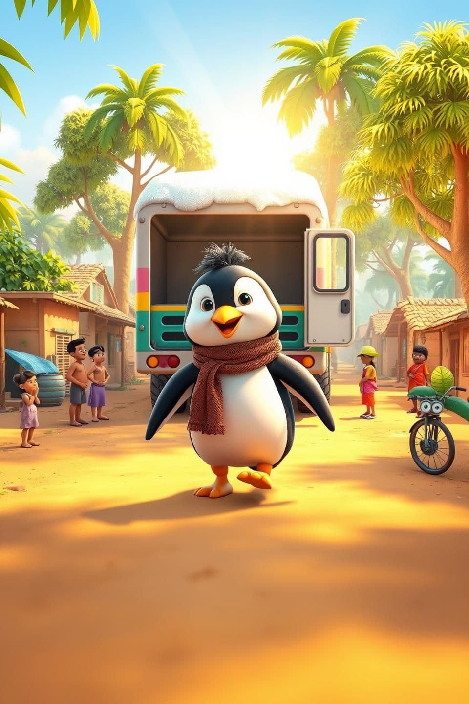 AI generated: 3D cartoonish rural Indian village street, small huts, dusty road, and trees. A big colorful ice truck with snow and frost on it stops in the middle of the road. Villagers watch cu