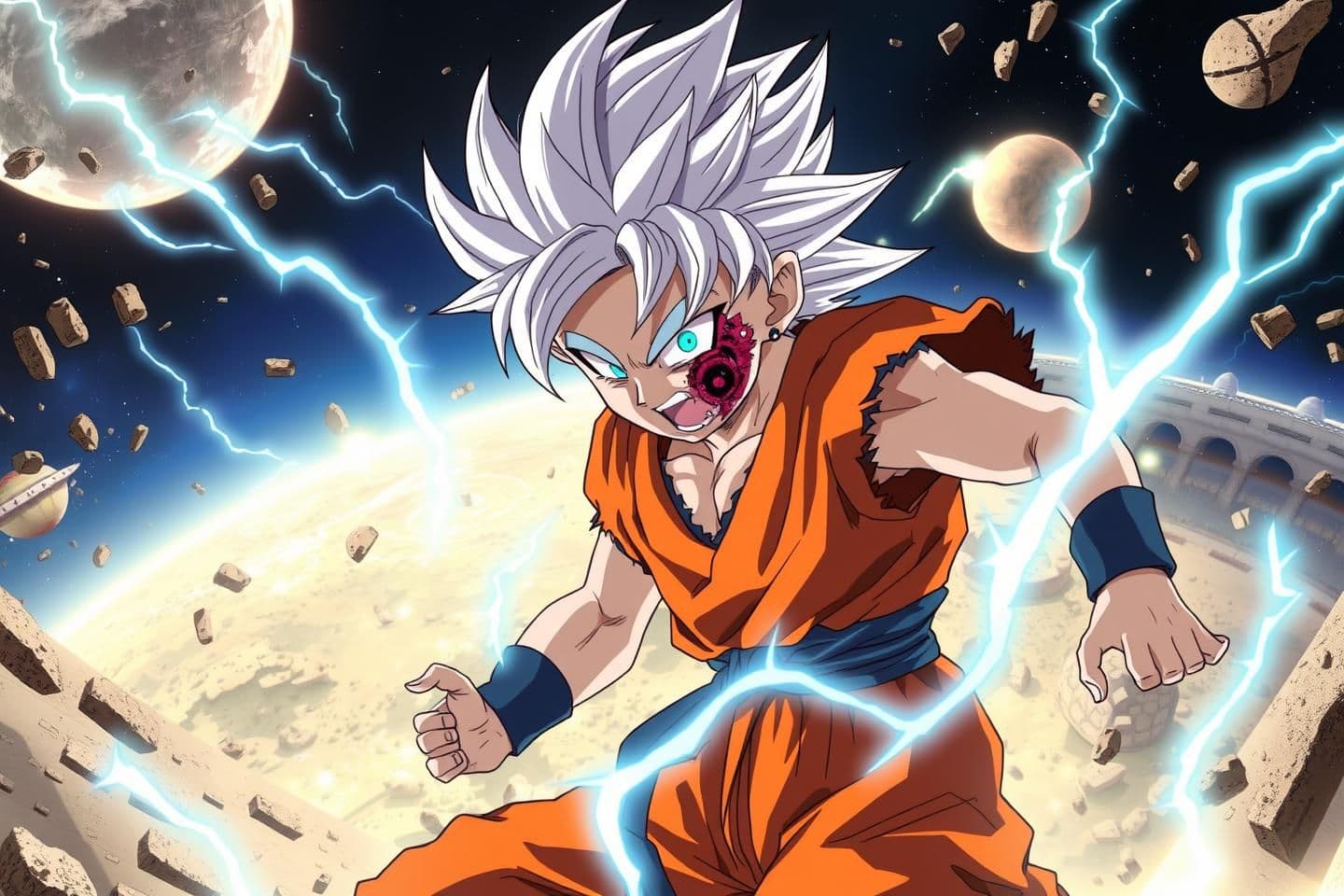 AI generated: anime warrior inspired by kid Goku with silver hair and glowing eyes being injured, wearing a torn orange gi, The warrior’s silver-blue aura flares violently, and the background sh