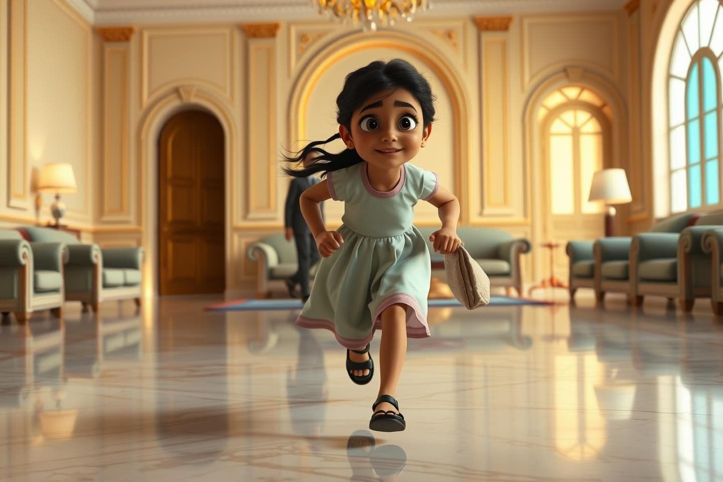 AI generated: cinematic, 4k, 4K ultra-detailed Disney Pixar movie style interior tracking shot of Hiya running toward Noren Kaka inside the grand drawing room of Mitra Mansion.
Camera moves back