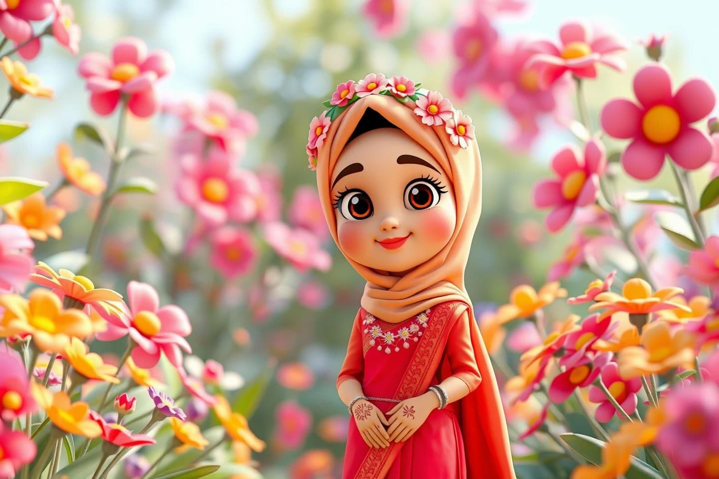 AI generated: A beautiful 3D cartoon-style scene in a colorful flower garden. Soft bright lighting, cute animated environment, vibrant flowers all around. In the middle of the garden stands a cu