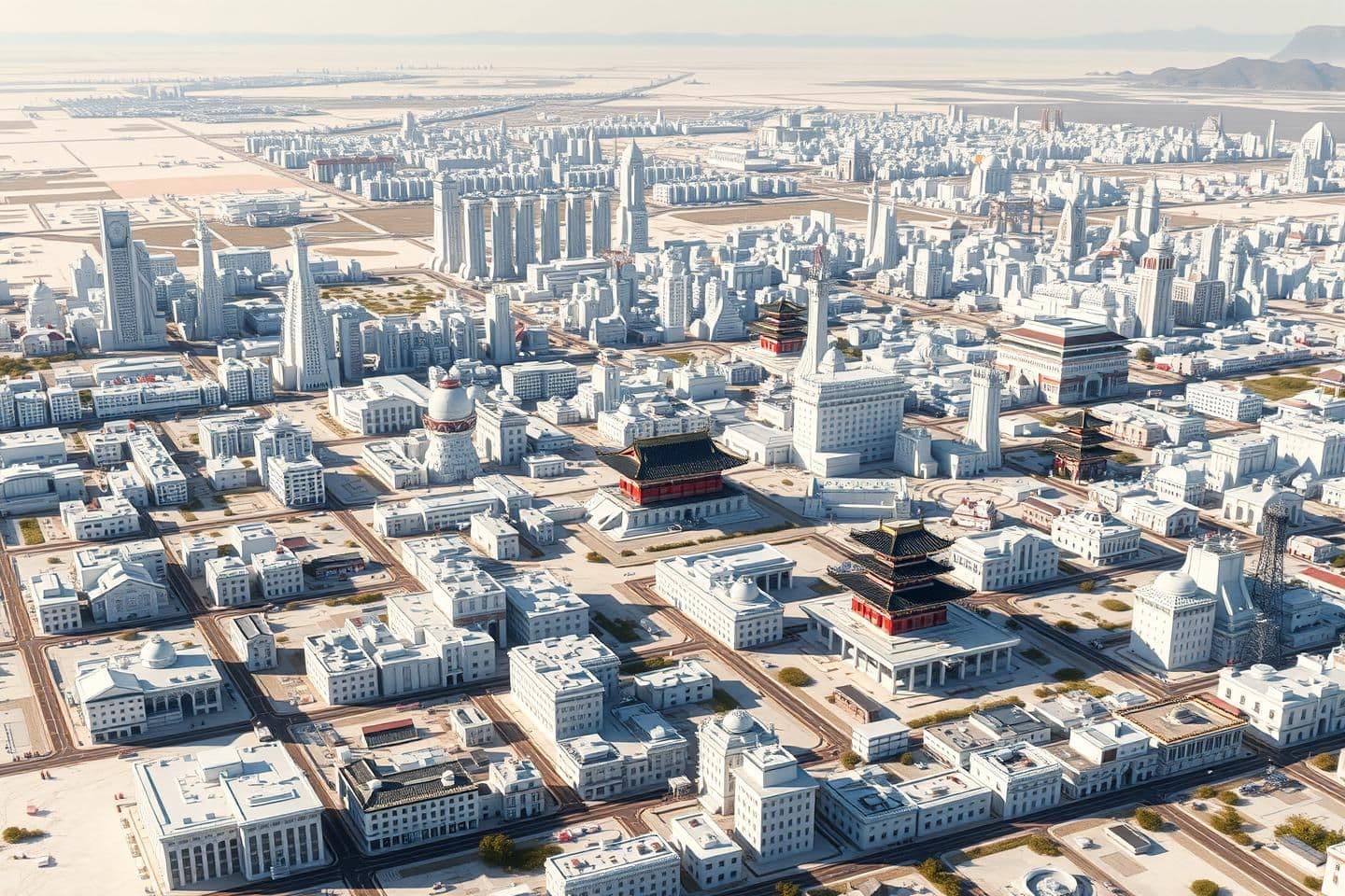 AI generated: Make an image of a massive city in a vast salt flat. This city should have modern buildings with slight hints of traditional Japanese architecture. Make sure it is lively and has a