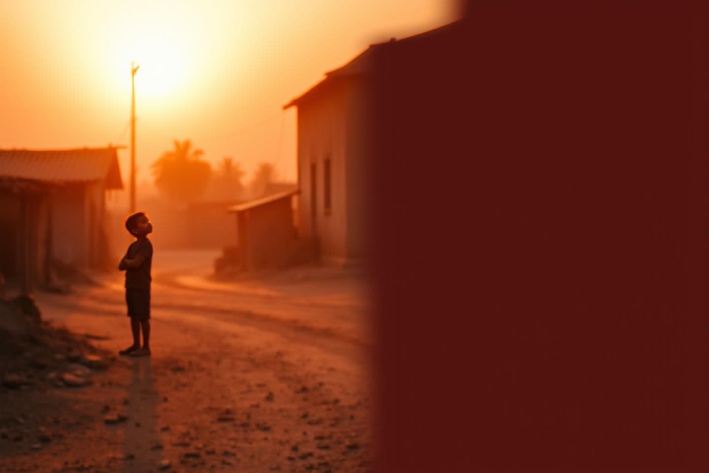 AI generated: “Ultra HD 16:9 YouTube thumbnail.
A dramatic village scene with warm sunset lighting.
A poor boy standing alone on the left side, looking slightly upward with determination.
Backgr