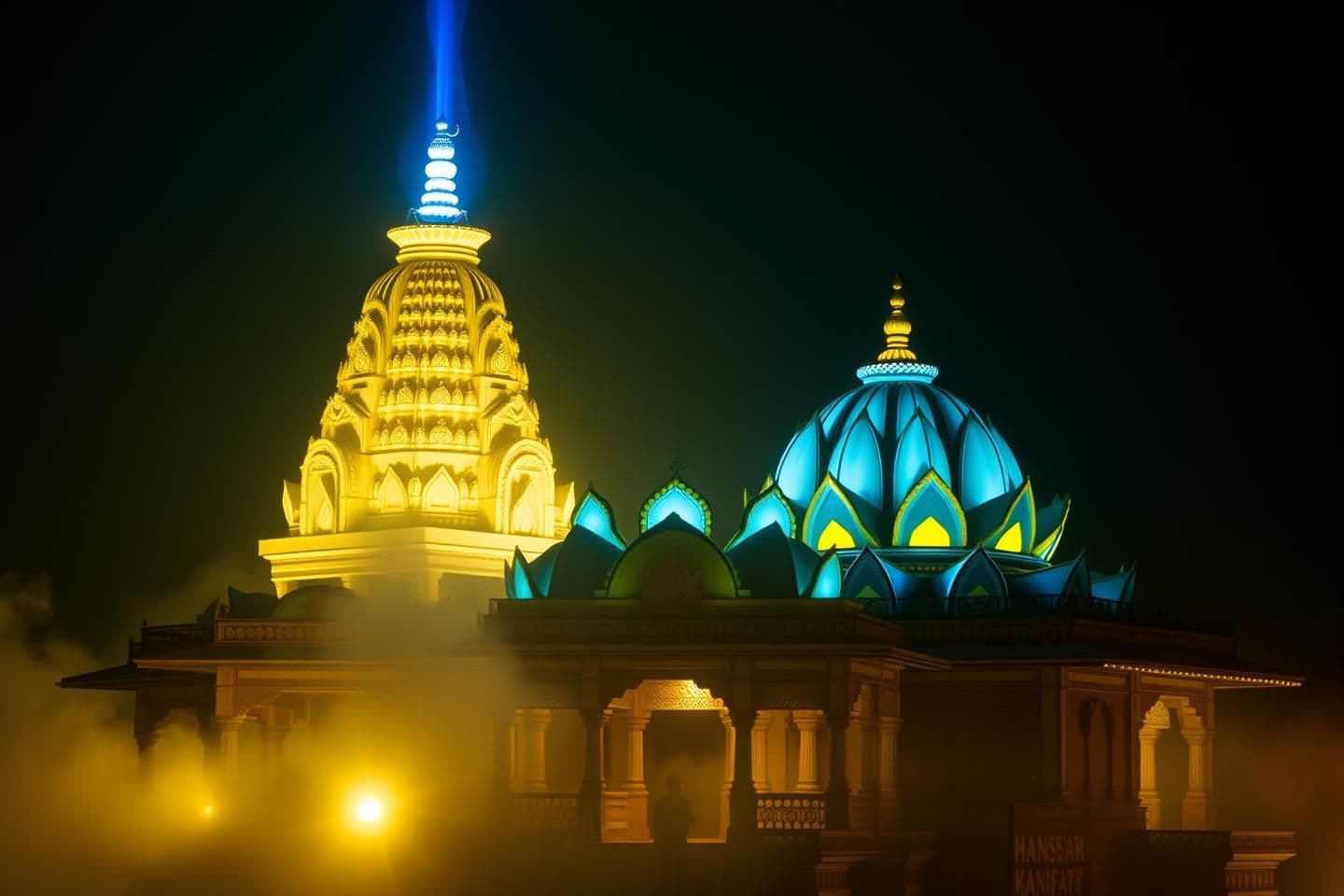 AI generated: Ultra-realistic 9:16 dramatic thumbnail of Hanseswari Mandir in Bansberia, Hooghly, showing its unique lotus-shaped blue and white shikharas glowing under mystical golden light, fo