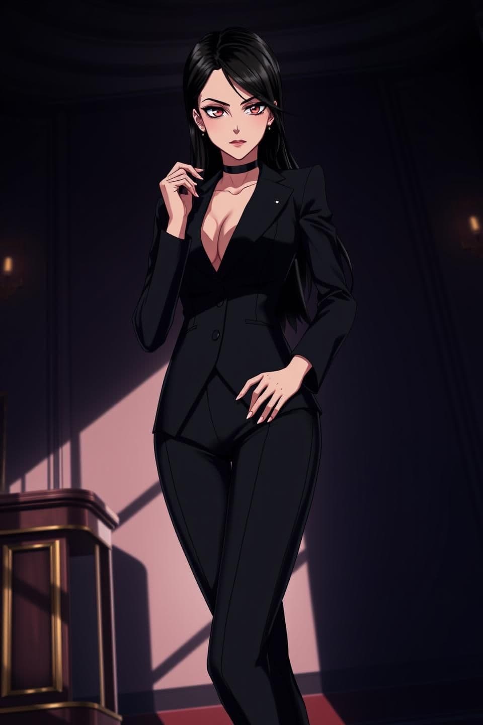 AI generated: Anime-Style Image Prompt:
Anime-style, full-body portrait of Lucilla Sanitti, a cold and beautiful mafia queen, age 28. Sharp, elegant features, long dark hair styled sleekly. Wea