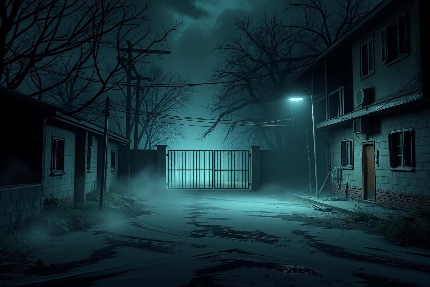 AI generated: IMPORTANT: Generate with all text in Hindi script only. Old girls hostel at night, broken streetlights, fog spreading, darkness near the gate, creepy atmosphere, no people, 16:9 ci