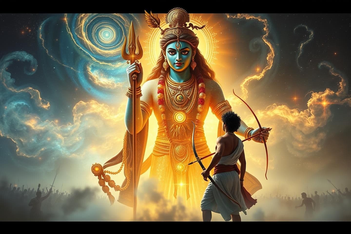 AI generated: /journey A divine and majestic scene where Lord Krishna reveals his deep cosmic divine form before a fully surprised Arjuna on the battlefield of Kurukshetra. Lord Krishna stands ,