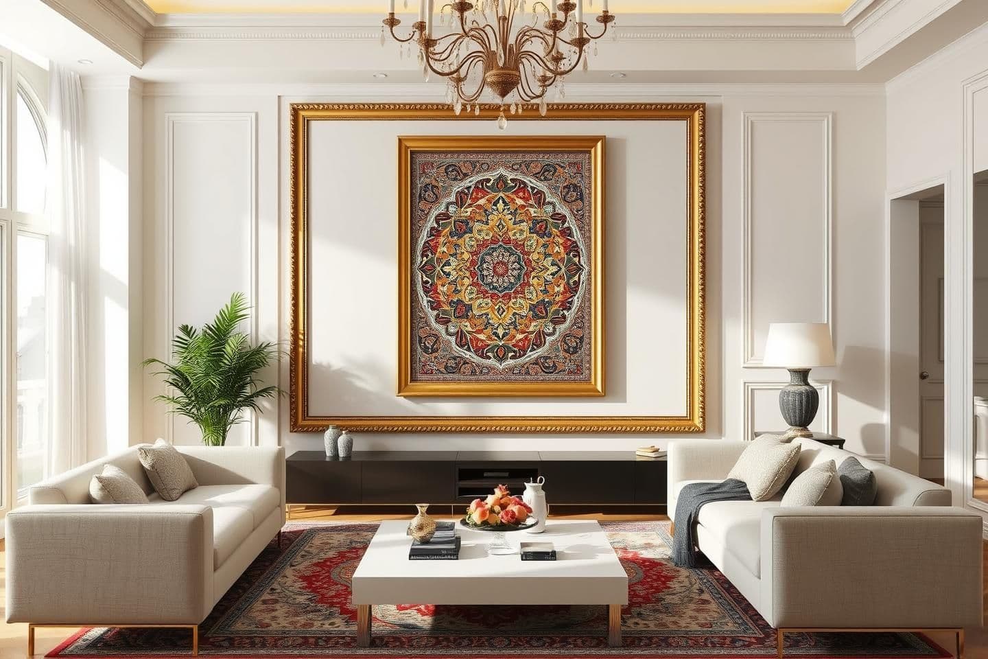AI generated: I want a high quality ultra full HD Persian Carpet wall art image in a frame design with golden border and fit that image into the middle of ultra luxury drawing room highlighted i