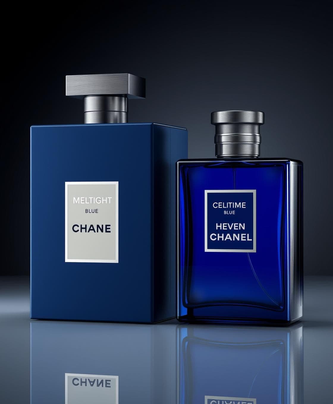AI generated: Create an original luxury perfume bottle and packaging design inspired by the elegance and depth of midnight blue fragrances. The bottle should be rectangular with clean, sharp edg