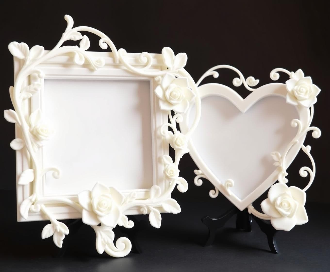 AI generated: Well structured Heart shape and A beautiful 3D printed photo frame with flowing organic vines and delicate roses, art nouveau style, seamless continuous design, matte white PLA mat