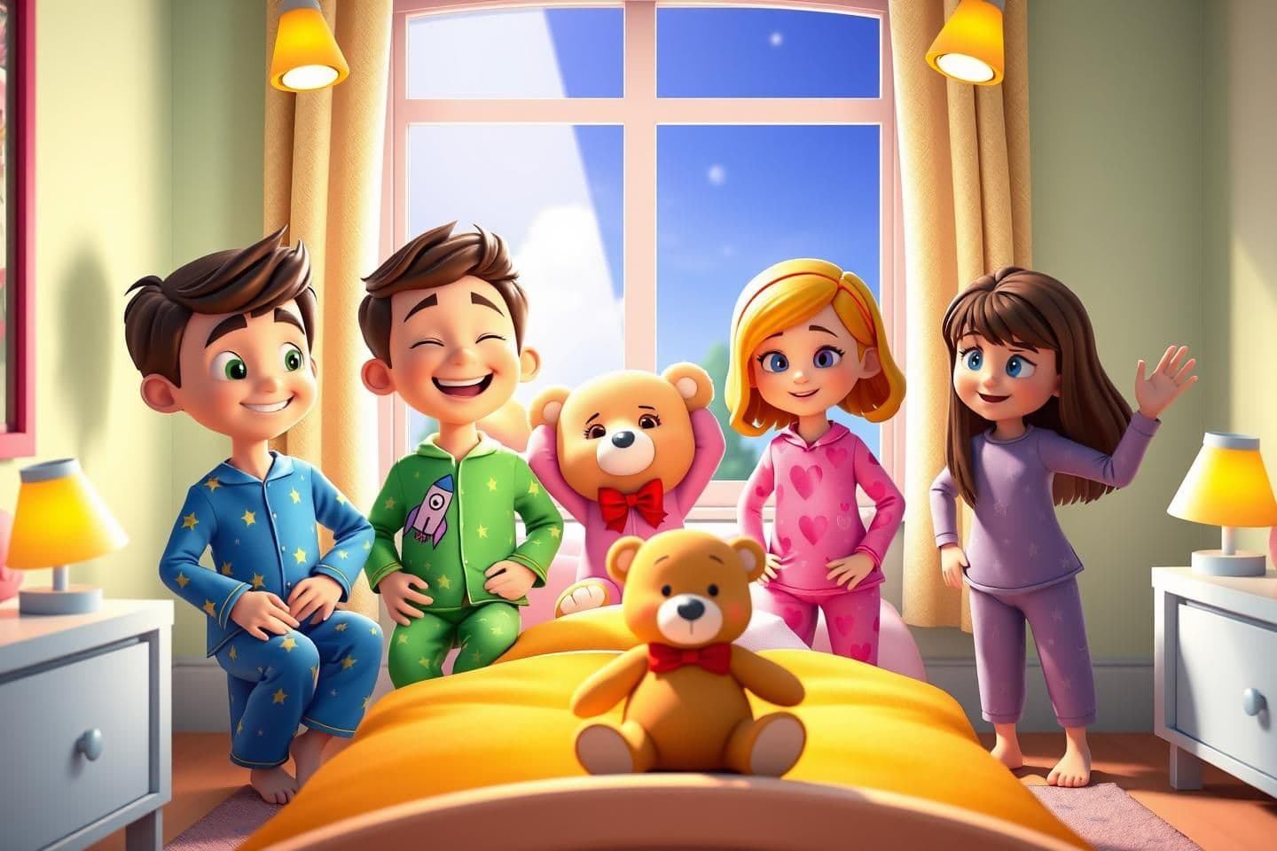 AI generated: 3D 4K cartoon style scene of four cheerful kids waking up in a bright, cozy toy world bedroom as morning sunlight streams through the window.
Characters:
Tom: 8 years old, 4’2” ta