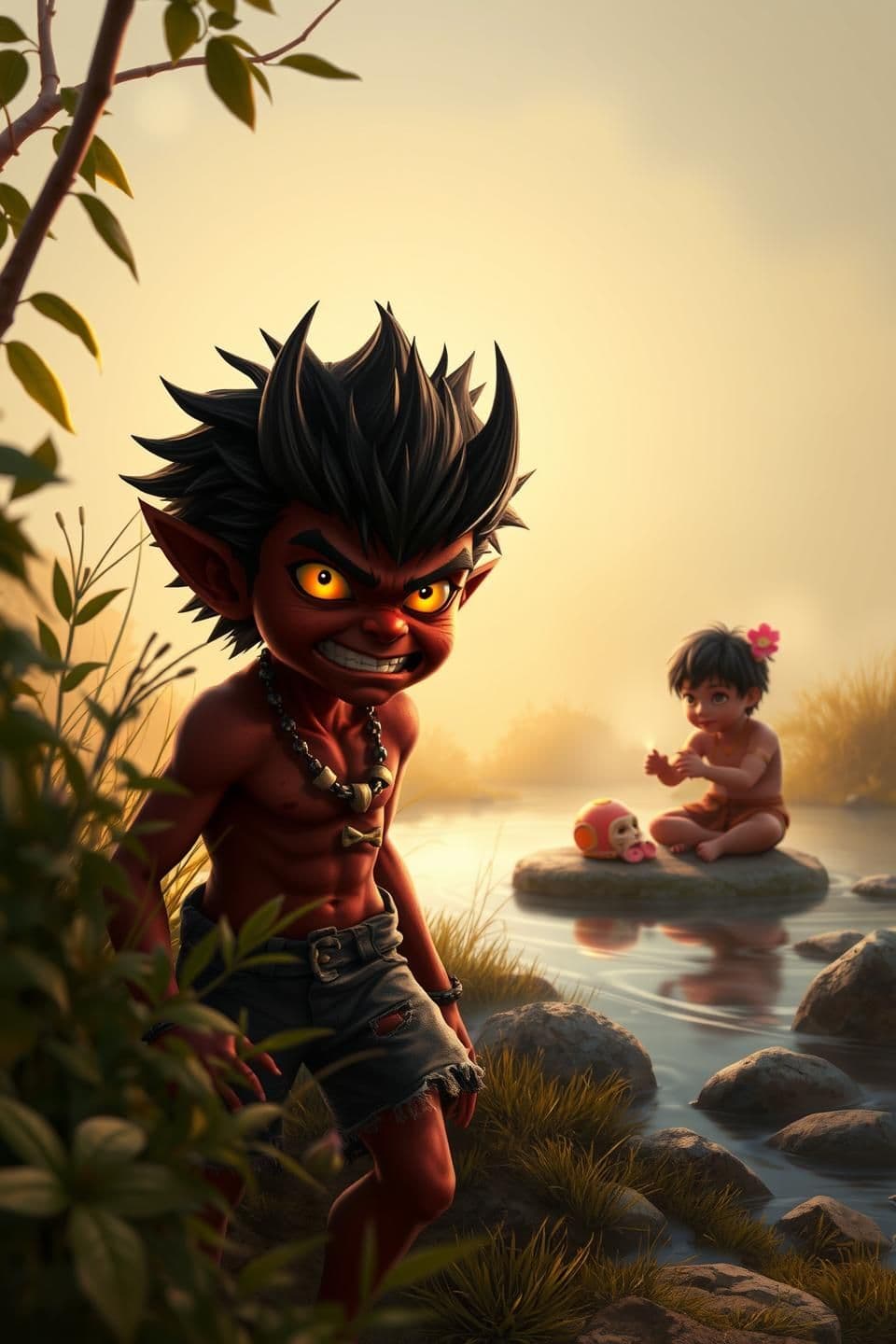 AI generated: 🖼️ Image Prompt:
3D realistic scene of Raktasur, a 9-year-old demon boy, height 3.5 feet, lean muscular body, dark red-brown skin, black spiky hair, glowing yellow eyes, and sharp