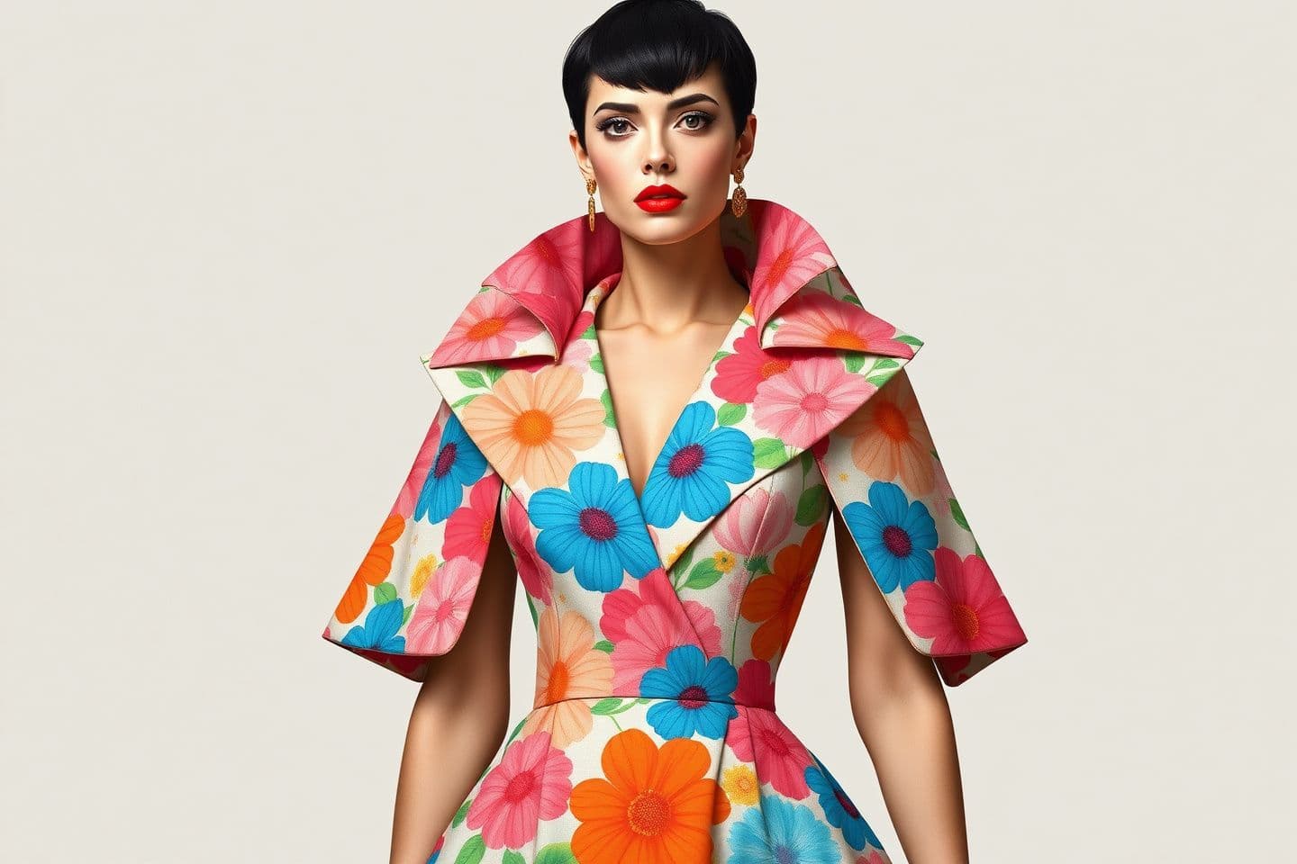 AI generated: The image portrays a figure wearing an elaborate gown that appears to be a digital or painted illustration rather than a photograph due to its vivid colors and artistic style. The