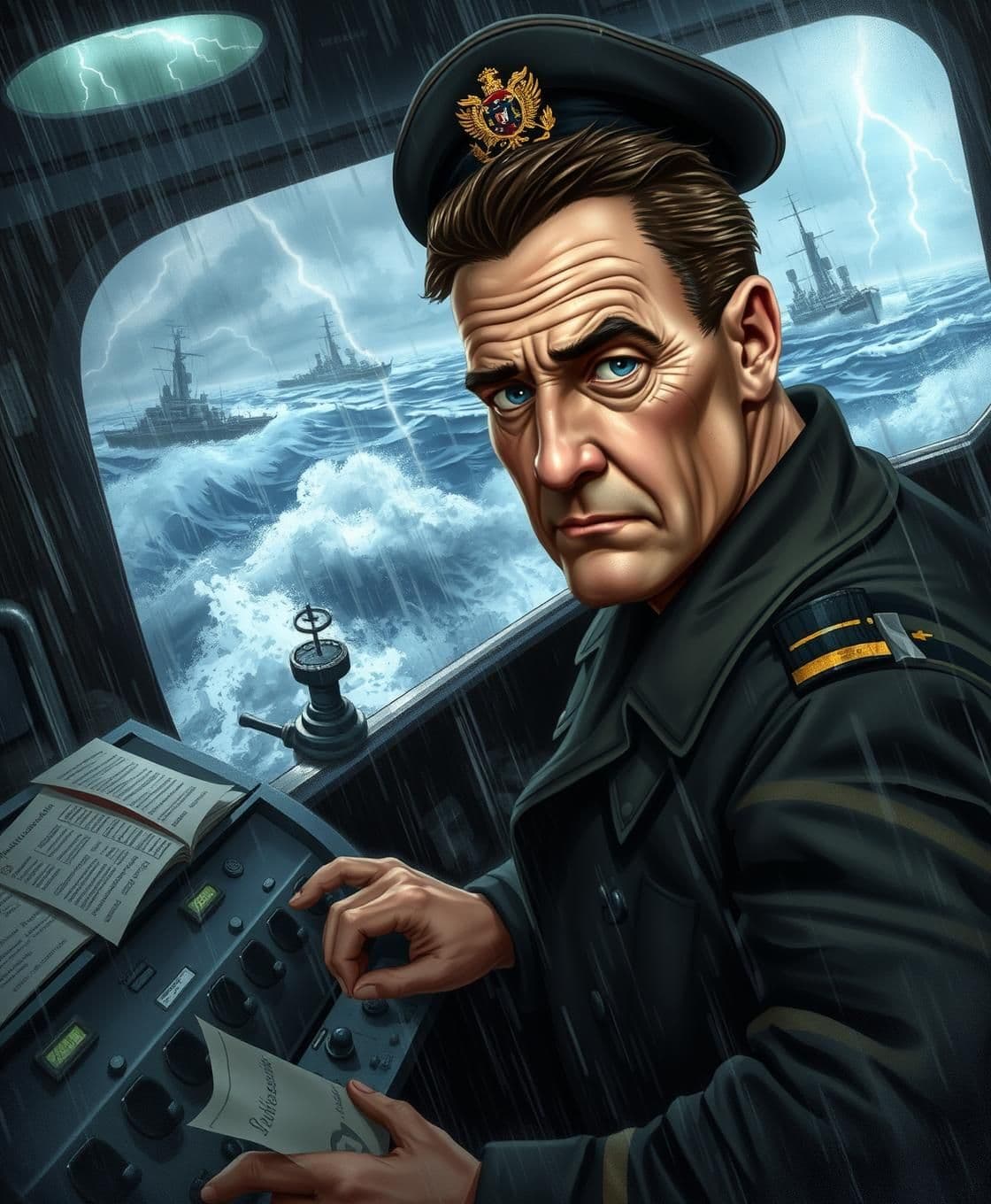 AI generated: *A chaotic WWII ship bridge engulfed in a violent storm. Waves slam against the ship, tossing it, while rain and lightning streak across portholes, revealing gray, turbulent seas.