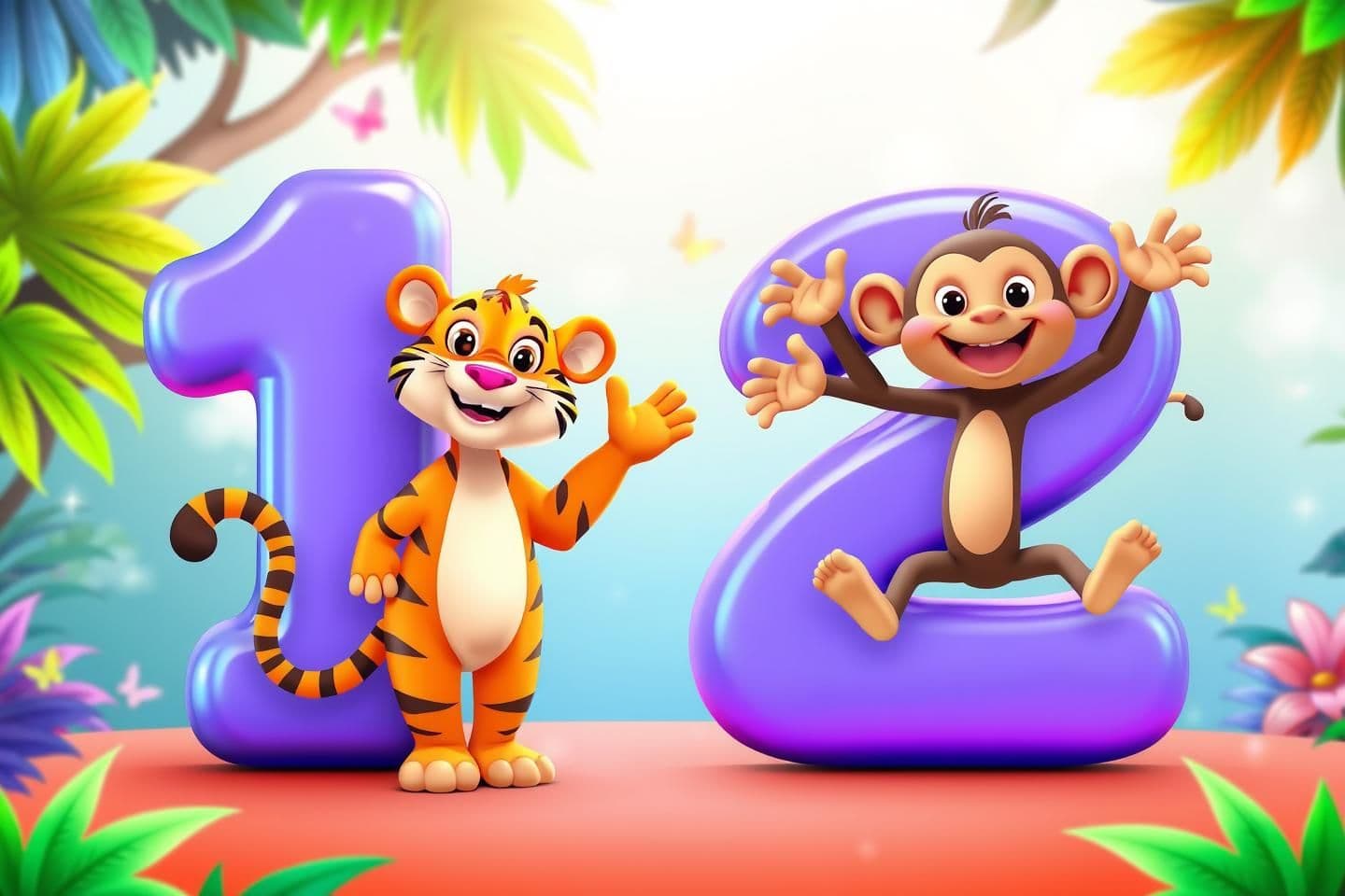 AI generated: "Ultra-cute kids thumbnail showing big bold letters ‘1’ and ‘2’.
Letter ‘1’ (One Tiger) on the left — a friendly smiling cartoon tiger standing upright, waving, bright orange, big
