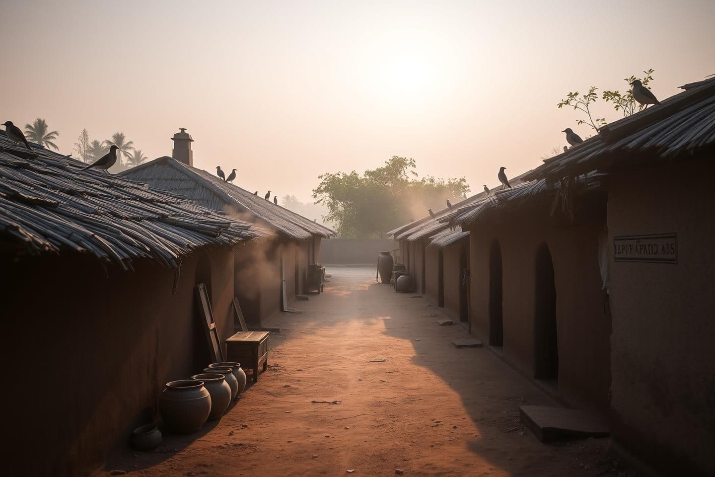 AI generated: "Peaceful early morning in an Indian rural village, soft golden sunlight, mud houses with thatched roofs, light mist in the air, clay pots near the walls, wooden charpai, narrow du