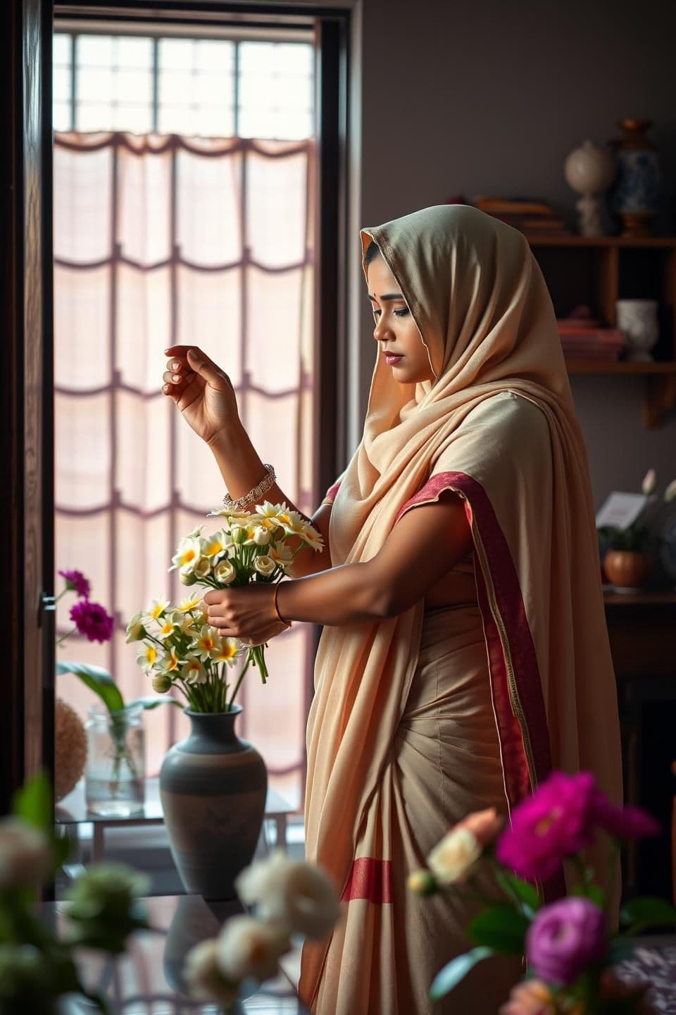 AI generated: An Indian Muslim girl, wearing a realistic traditional Indian saree and an elegant hijab, cleaning a room inside a cozy Indian home. She is dusting and arranging flowers while work