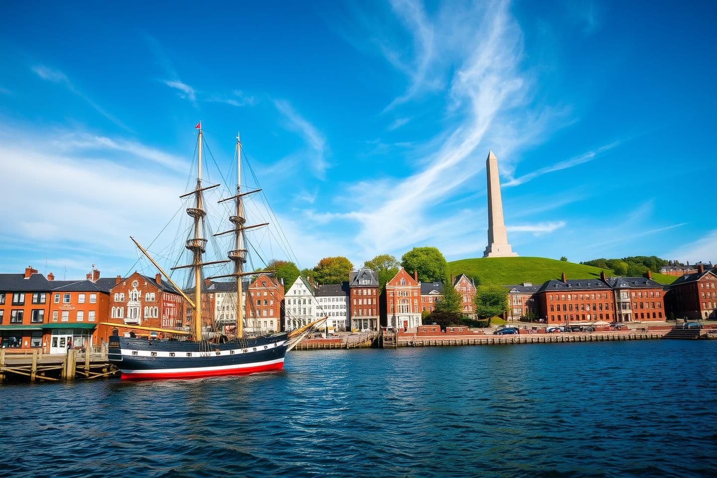 AI generated: A photorealistic, high-resolution landscape image (16:9) of a historic harbor scene in Boston. The image features the USS Constitution, a large three-masted wooden frigate with a b