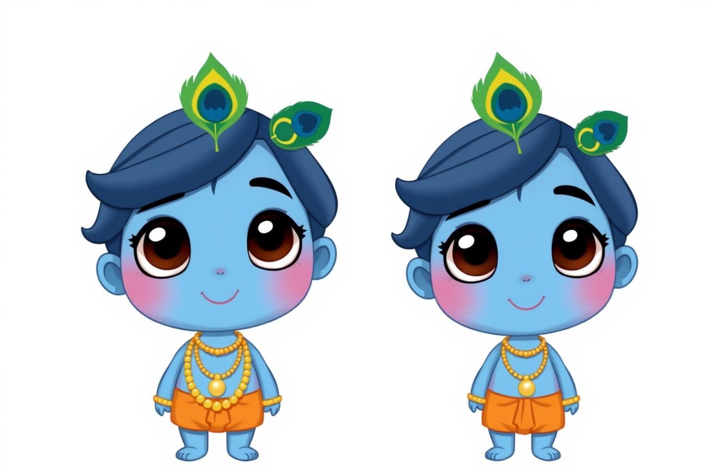 AI generated: Same blue-skinned Krishna-like cartoon character, round cute face, big black eyes, peacock feather in hair, orange dhoti, small gold necklace, soft smile, child-like body, smooth a