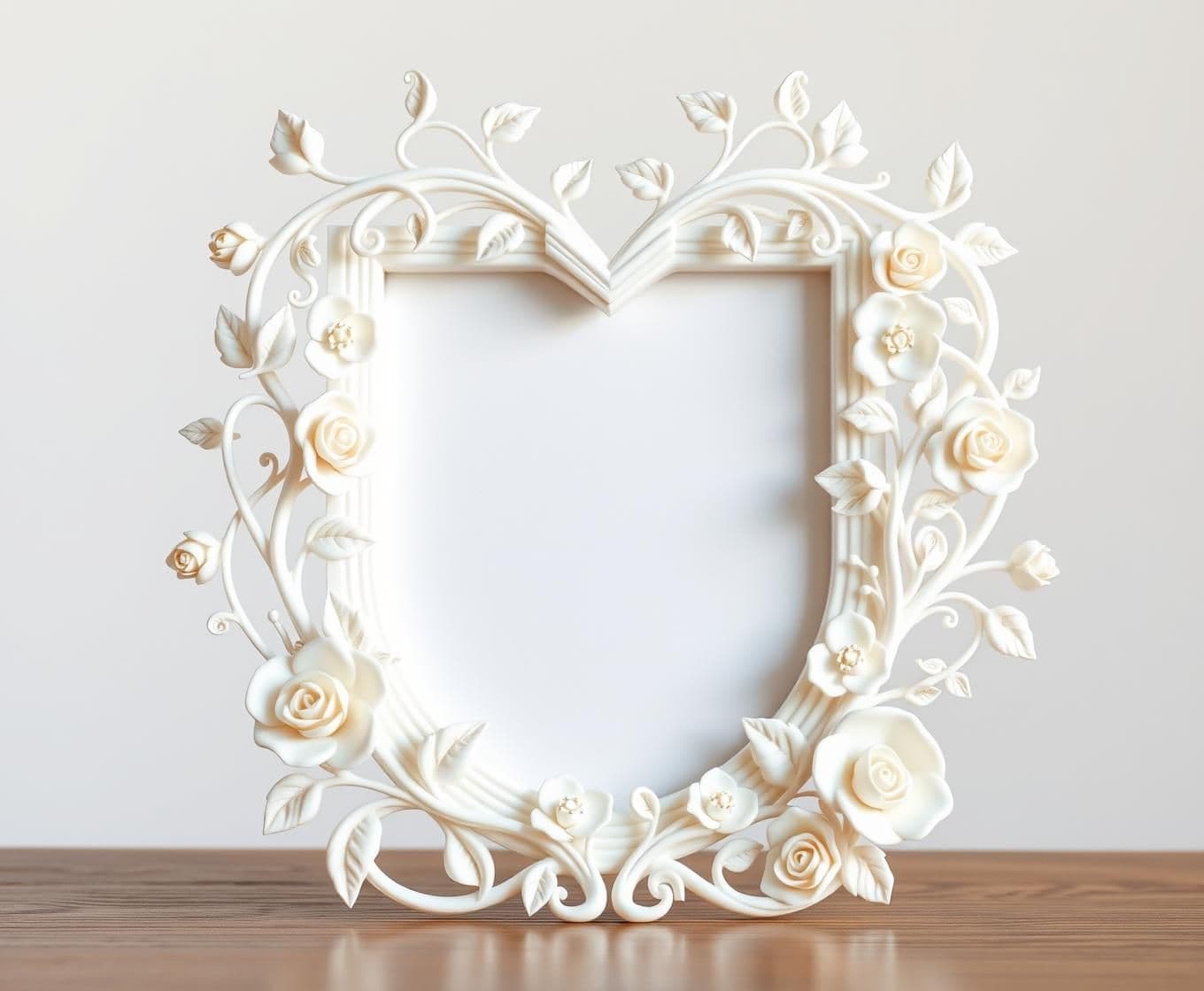 AI generated: Well structured Heart shape and A beautiful 3D printed photo frame with flowing organic vines and delicate roses, art nouveau style, seamless continuous design, matte white PLA mat