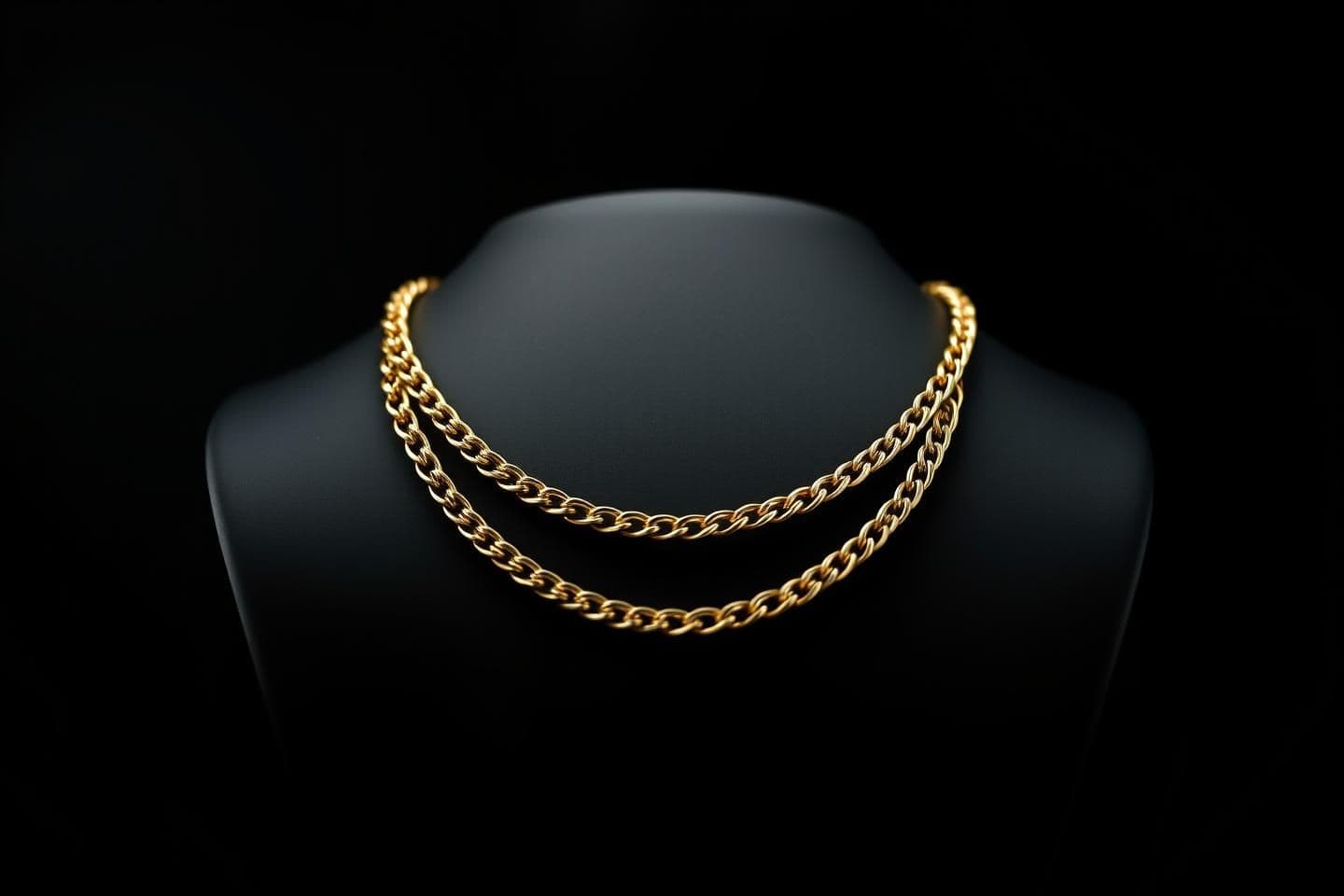 AI generated: A hyper-realistic studio photograph of a gold chain necklace displayed on a black matte jewelry stand, with soft spotlight lighting from above. The background is pure black, giving