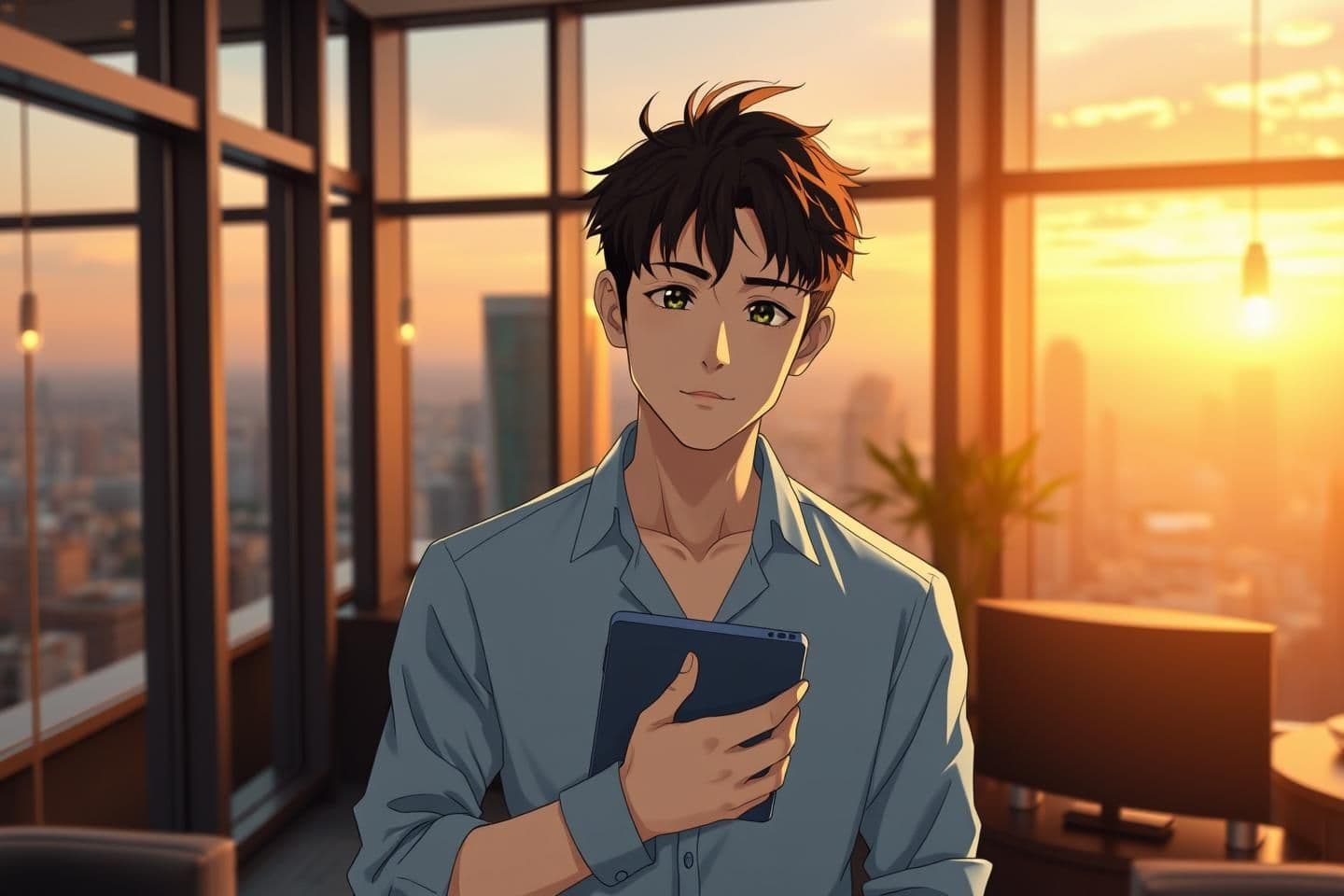 AI generated: Young Asian man early 20s, slim build, soft nervous eyes, messy dark brown hair, fair skin, shy anxious expression holding tablet to chest, light blue business shirt with rolled sl