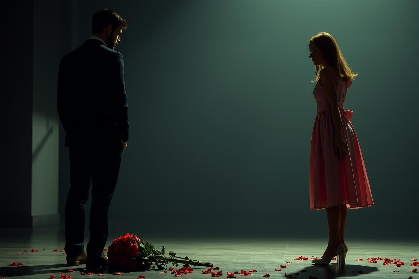 AI generated: Scene ( the girl is leaving and man is standing roses bouquet on the floor)
Emotion (heartbroken )
Dress code (man is wearing black suit and girl is wearing a pink dress)
Weather