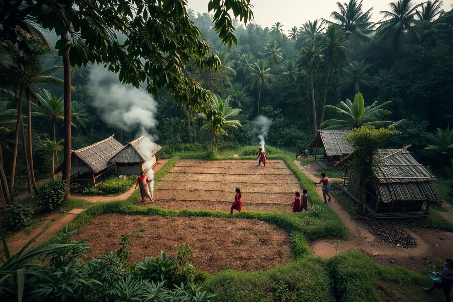 AI generated: “Wide-angle shot of a peaceful tribal village inside a lush green forest, women collecting forest produce, men preparing jhum cultivation fields, smoke rising from cleared patches,