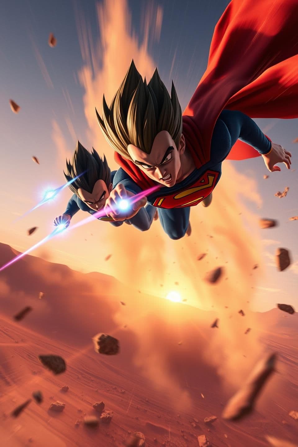 AI generated: Cinematic, high-detail action scene.
Vegeta and Superman zoom through the air above the desert, leaving trails of blue and red energy. Rocks and dust spiral below from the shockwav