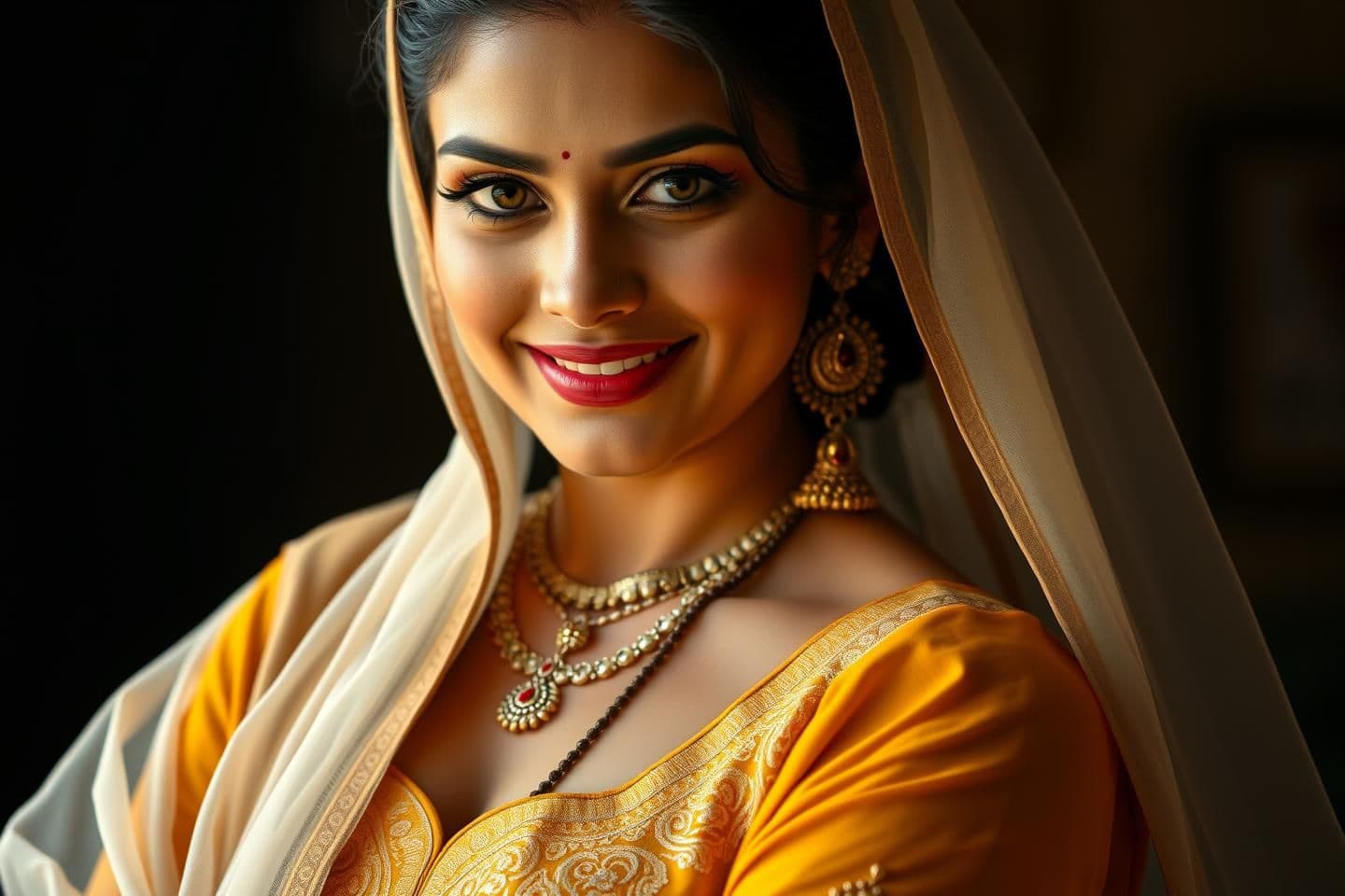 AI generated: confident Indian woman in a traditional outfit, wearing a deep mustard-yellow blouse with elegant embroidery and a sheer dupatta over her head. She poses with a soft, playful smile