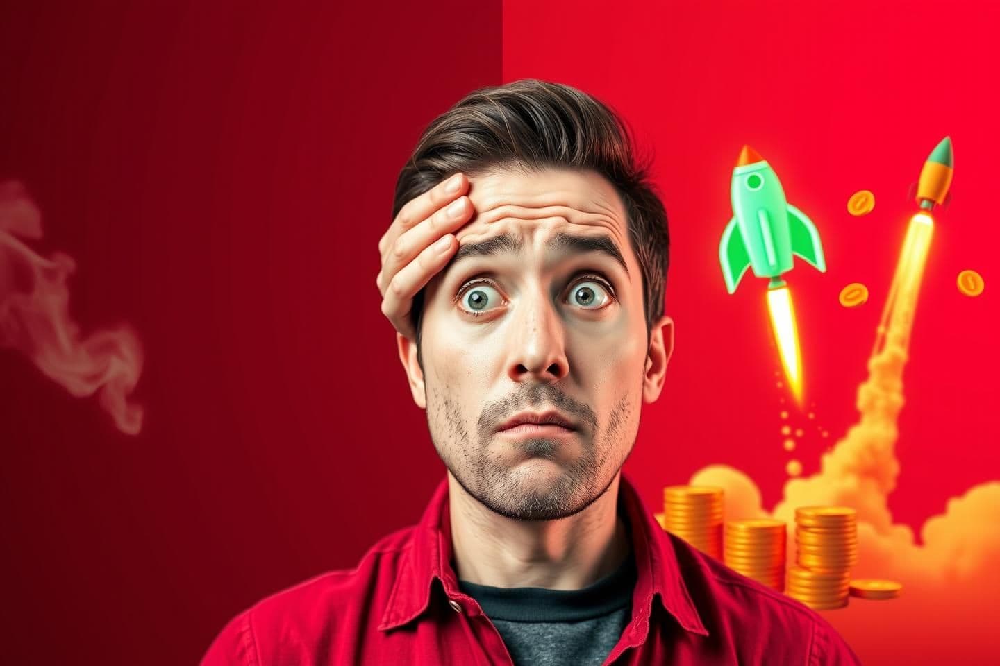 AI generated: "YouTube thumbnail background split screen. The Left side is dark red with a downward crash arrow and smoke. The Right side is bright neon green with a rocket flying upwards and go