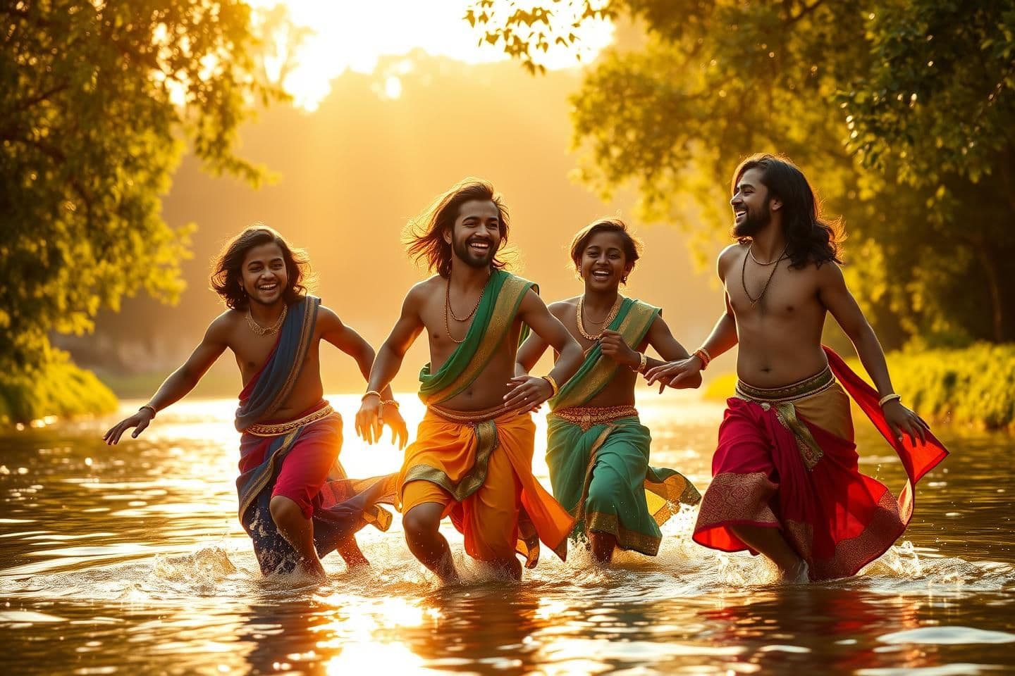 AI generated: “Ultra HD 8K cinematic wide shot: Pandavas and Kauravas as young princes playing joyfully beside the shimmering Ganga river at golden sunset. Lush green trees and soft flowing gras