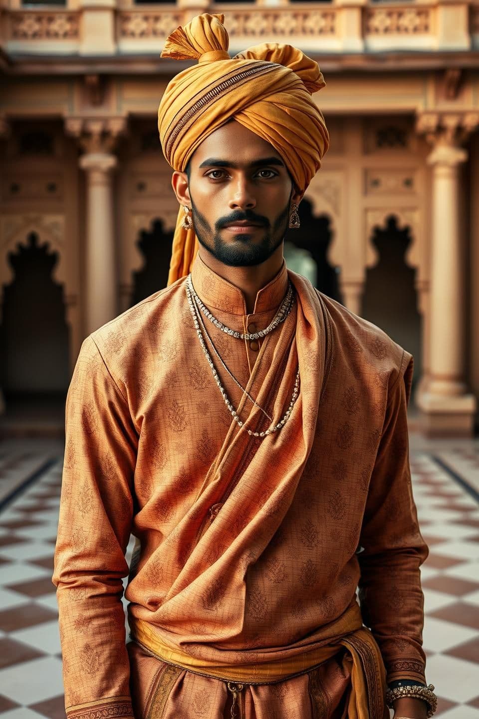 AI generated: An Indian Rajput prince wearing luxurious handwoven cotton fabric, detailed cotton angarkha with intricate block-print patterns, soft earthy tones, traditional turban with minimal