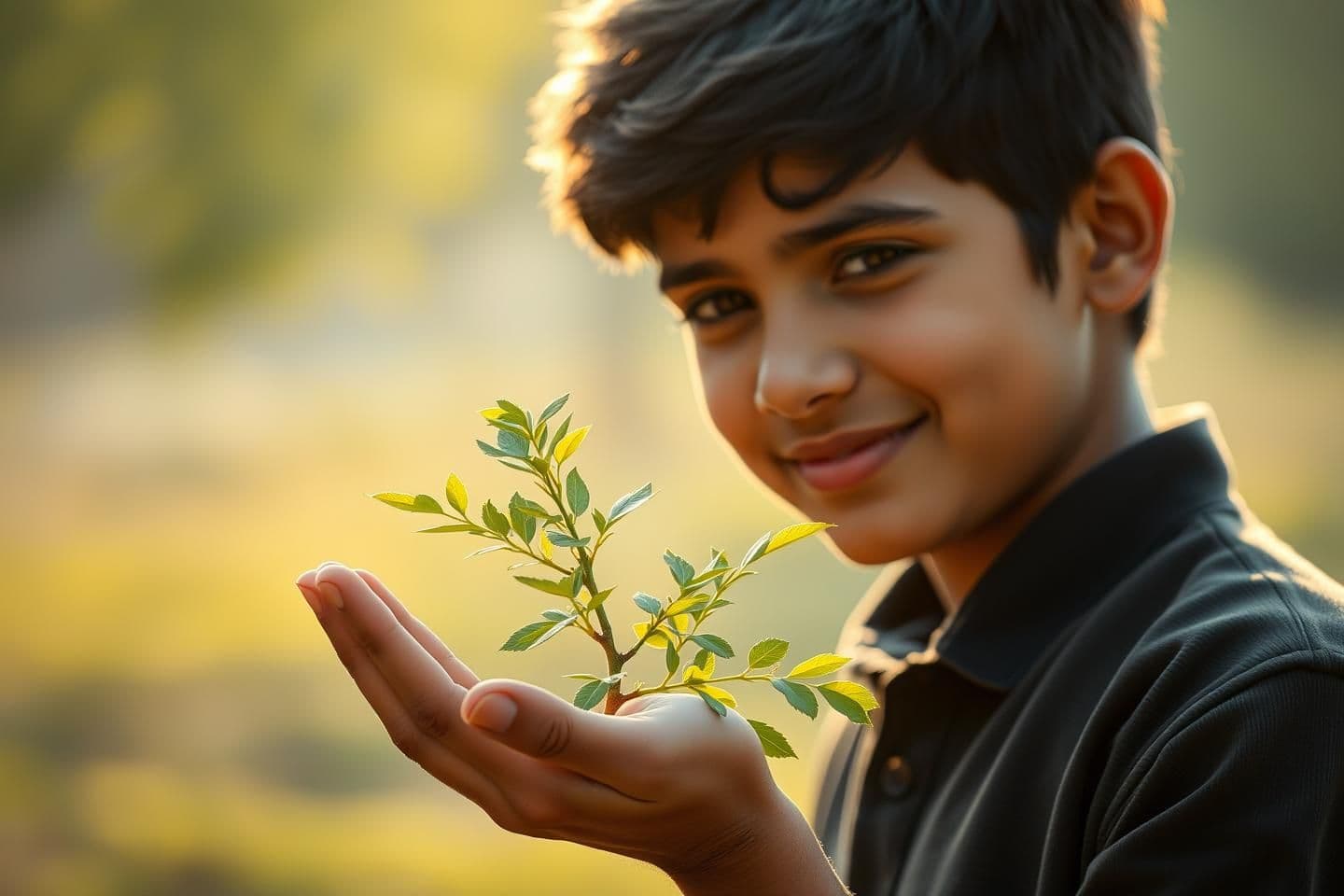 AI generated: Morning cinematic storytelling frame. A teenage boy gently holding a small, healthy neem sapling in his hand. Soft natural light, calm proud moment, personal inner victory aura sho