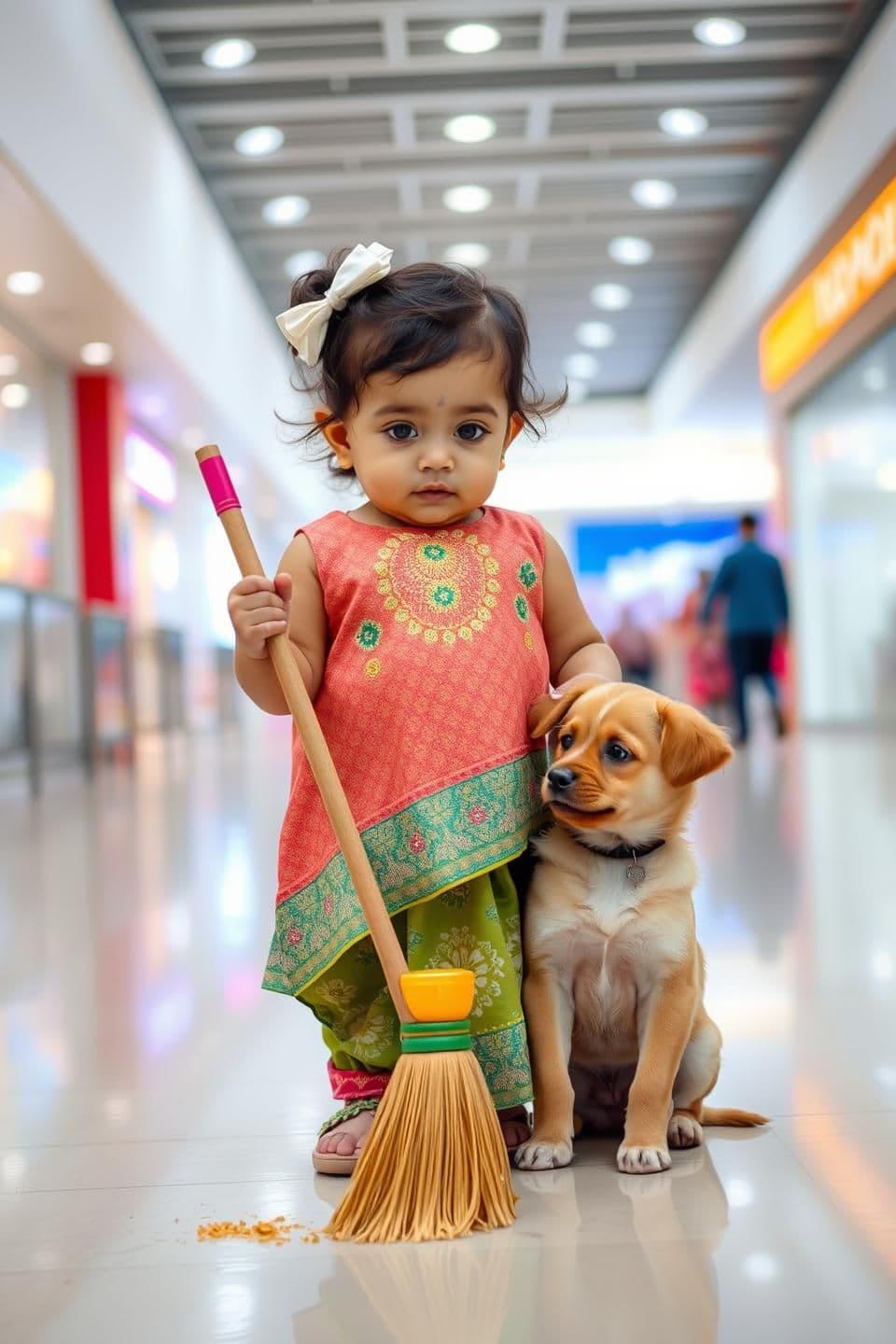 AI generated:
"A cute 2-year-old little girl, wearing a small colorful chaddi, holding a tiny broom (jhadoo) in her hand, cleaning the floor inside a modern shopping mall. A small cute puppy is