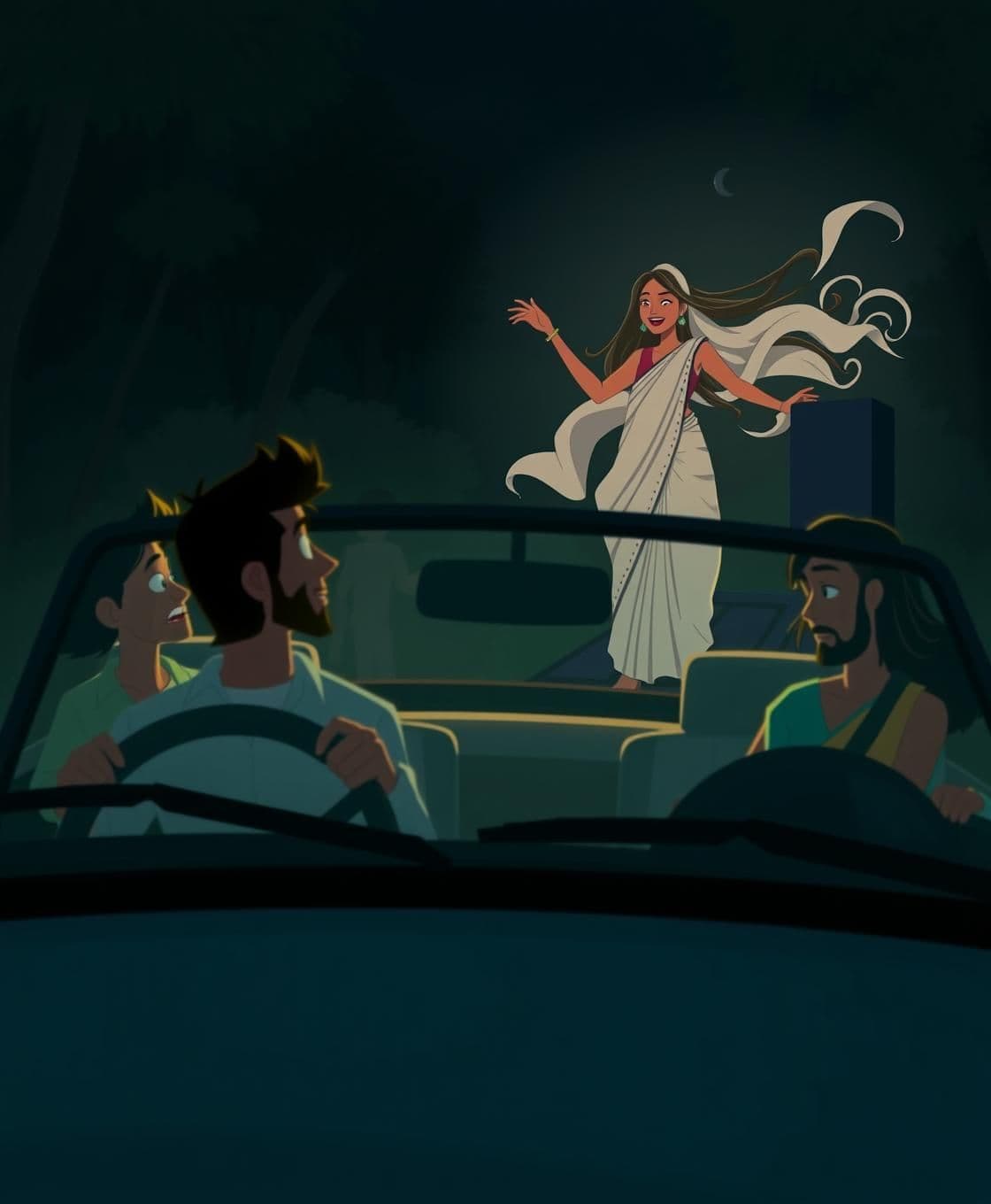 AI generated: IMPORTANT: Generate with all text in Hindi script only. Image Prompt (2D Animation):
“Four friends flee in their car, the car has already started.
Satish looks back at the rooftop.