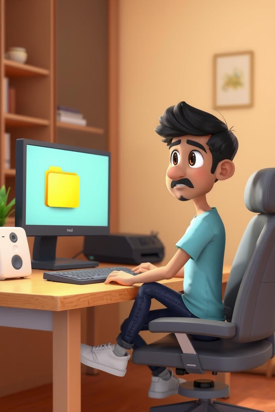 AI generated: 3D cartoon scene of Raghav (height 5'8", slim body, short black hair, brown eyes, light-blue T-shirt, dark jeans, white sneakers, light stubble, expressive face) sitting at his com
